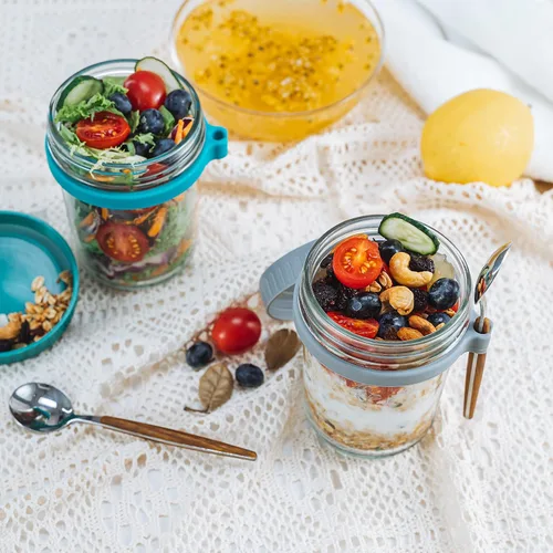 Miniatura 2 de Tarros de avena con tapa y cuchara, recipiente hermético de gran capacidad de 10 onzas con marcas de medición, tarros Mason con tapa para cereales