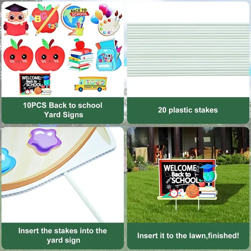 Miniatura 3 de Juego de 10 carteles de regreso a la escuela con estacas, diseños surtidos de manzana, búho y autobús escolar para decoración de jardín y césped al