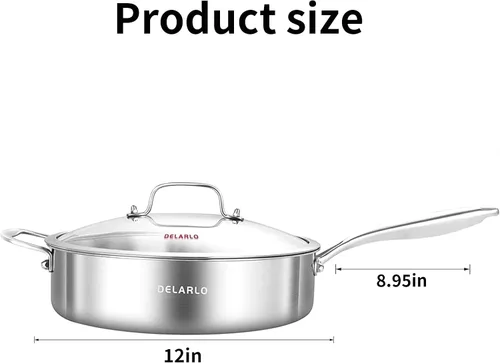 Miniatura 3 de DELARLO Sartén de acero inoxidable de tres capas con tapa de 5.5 cuartos de galón, sartén profunda de 12.3 pulgadas, sartén grande de inducción