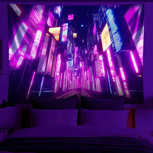 Miniatura 3 de NYZE Tapiz de luz negra de ciudad, tapiz de anime japonés, juego punk, fantasía, vista nocturna, paisaje urbano, arte futurista, neón, tapices