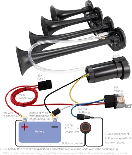 Miniatura 6 de Bocina de aire de 4 tubos para camión de 150 dB, bocina de coche súper fuerte, cuatro bocinas de tren de trompeta con kit de compresor para vehículo