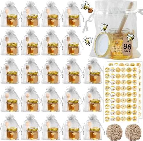 Miniatura 8 de Aliggbent Paquete de 48 mini tarros de miel para fiestas a granel, tarros de miel pequeños hexagonales de vidrio de 1.5 onzas con varitas de miel