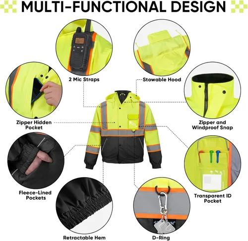 Miniatura 3 de TICONN Waterproof Safety Bomber Jacket, Winter Rain Jacket Hi Vis Reflective, ANSI Class 3 Work Rain Coat Amarillo y negro