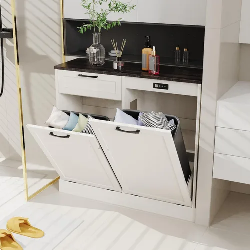 Miniatura 9 de Armario de basura de doble inclinación, isla de cocina con almacenamiento de basura, armario de basura para cocinas, armario de madera con bote