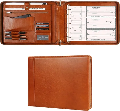 Miniatura 14 de Cuaderno de cheques personalizado de cuero para negocios, carpeta de 7 anillos grabada con soporte para libro de cheques para 3 por página, Marrón