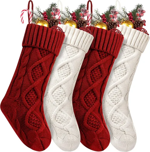 Miniatura 8 de Fesciory Calcetines de Navidad, paquete de 6 calcetines de punto grandes de 18 pulgadas y decoración para fiestas familiares de Navidad, borgoña
