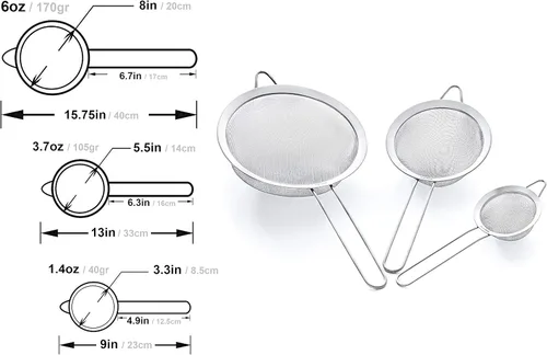 Miniatura 5 de Juego de coladores de malla fina - Acero inoxidable 304 premium (18/8) - Coladores de cocina resistentes de 8, 5.5 y 3.3 pulgadas (plateado)