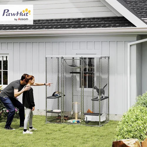 Miniatura 2 de PawHut Catio - Caja grande para gatos al aire libre, patio para gatos de acero galvanizado para múltiples gatitos, jaula para gatos al aire libre