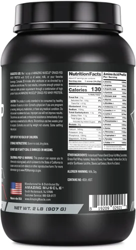 Miniatura 2 de Amazing Muscle Suplemento de proteína de suero de leche alimentada con pasto 2 libras (31.99 oz) Sin OMG Sin gluten Fabricado en Estados