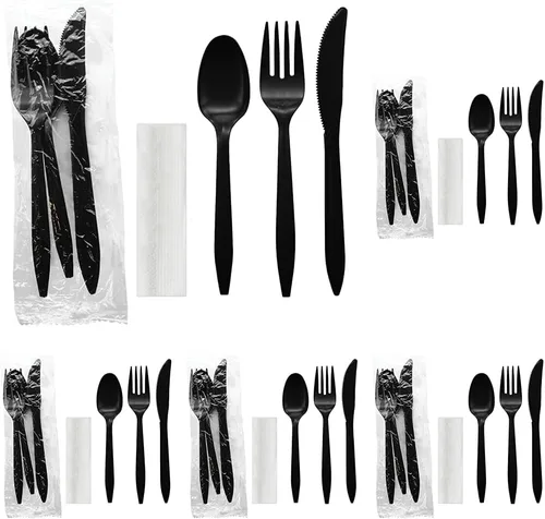 Miniatura 16 de Party Essentials Paquetes de cubiertos de plástico envueltos individualmente, tenedor/cuchara/cuchillo/servilleta/sal/pimienta, 50