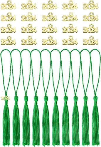 Miniatura 13 de Tupalizy 10 mini borlas sedosas hechas a mano con 20 dijes del año 2024 para graduación, llavero, aretes, joyería, regalos de boda, recuerdos, Negro