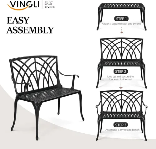 Miniatura 6 de VINGLI Banco de metal para exteriores de 38 pulgadas, banco de jardín de aluminio fundido, silla de orquídea con acabado antiguo resistente a