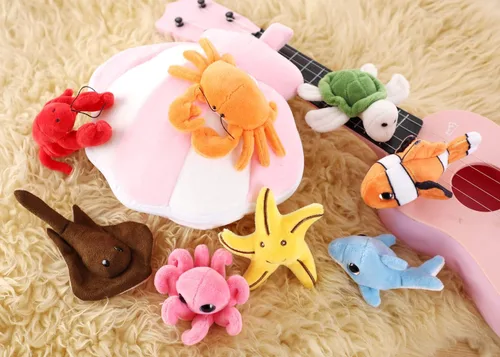 Miniatura 2 de Juego de animales marinos de peluche suave con carcasa de felpa, casa para almacenamiento, incluye tortuga de peluche, langosta, cangrejo, delfín