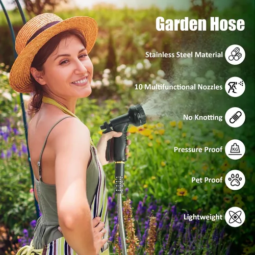 Miniatura 2 de Manguera de jardín de 50 pies, manguera de agua resistente de acero inoxidable con boquillas de 10 funciones, flexible sin torceduras, a prueba