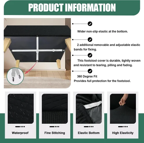 Miniatura 4 de Funda de otomano acolchada impermeable con protector de reposapiés para sofá, cubierta para taburete, protector para taburete con lazada Negro