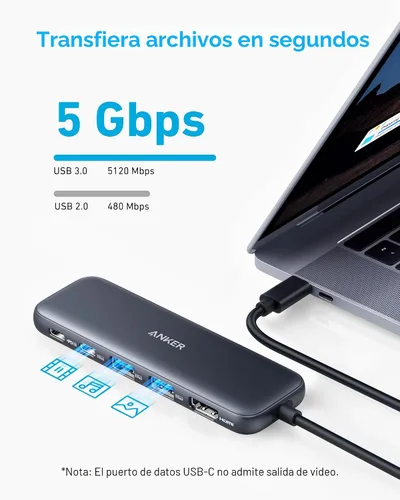 Miniatura 4 de Anker Hub USB C, divisor USBC a HDMI 5 en 1 con pantalla 4K, 1 puerto USB-C de 5 Gbps alimentado y 2 puertos de datos USB-A 3.0 de 5 Gbps