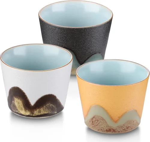 Juego de 3 tazas de té de cerámica, tazas de té japonesas pequeñas, taza de sake de porcelana, juego de té Kung Fu estilo retro (estilo 2#)
