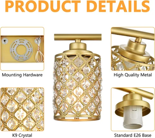 Miniatura 5 de 3 Luces de Iluminación de Oro para Baño, Luz Moderna de Tocador de Granja, Accesorio de Iluminación de Tocador de Cristal para Cuarto de Polvo