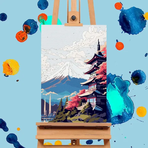 Miniatura 5 de Offito Paquete de 4 pinturas enmarcadas por números para adultos principiantes con caballete de madera, kit de pintura fácil de paisaje por números