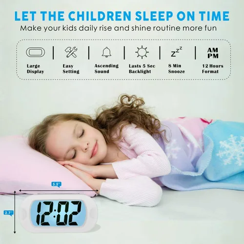 Miniatura 2 de Plumeet Reloj Despertador para Niños LCD Digital Grande Relojes Despertadores de Viaje con Repetición y Luz Nocturna - Sonido Ascendente