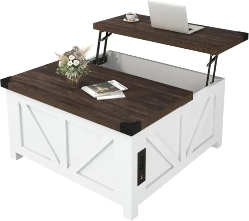 Miniatura 9 de Jimeimmen - Mesa de centro elevada de granja con almacenamiento, mesa cuadrada de centro de madera con estación de carga y puerto USB, mesa de sala
