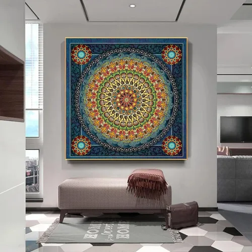 Tíbet dorado Thangka Escritura Religión Loto Impresión en lienzo Imágenes Mandala tibetano Arte de la pared Decoración del hogar 15.7x15.7 in Sin