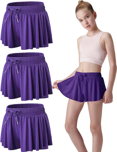 Miniatura 111 de Paquete de 3 pantalones cortos fluidos para niñas con forro de elastano, 2 en 1, faldas de mariposa para jóvenes, para fitness, correr, deportes