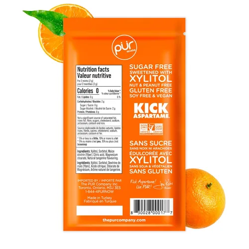 Miniatura 2 de Mentas PUR Mentas para el aliento sin aspartamo Hechas con xilitol Sin azúcar, vegano, sin gluten Sabor natural a tangerina 65 piezas