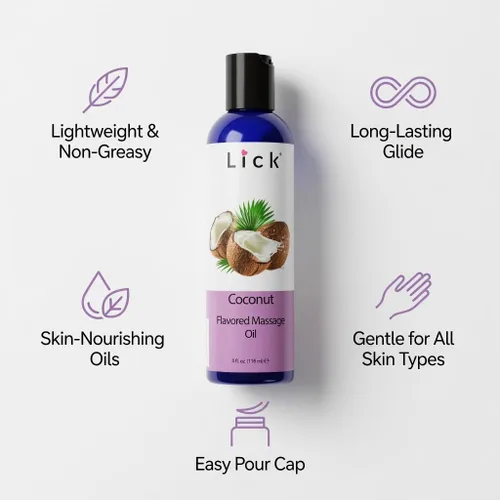 Miniatura 7 de Lick Aceite de masaje con sabor a coco, aceite de masaje comestible tropical con aceite de almendras dulces y vitamina E, fórmula hidratante segura