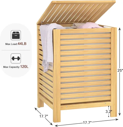 Miniatura 5 de Homykic Cesta de lavandería de bambú con tapa, clasificador grande de ropa de 120L con bolsa de forro de 2 secciones extraíble, organizador de cesta