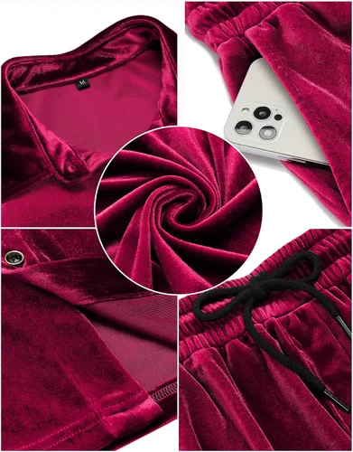 Miniatura 71 de LecGee Conjunto de pantalones cortos casuales de verano para hombre, camisa de terciopelo de manga corta con botones, pantalones cortos de cintura