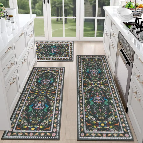 Miniatura 10 de HEBE - Juego de 3 alfombras de cocina de granja, antideslizantes, lavables, tapetes de cocina bohemios para suelo, alfombra de cocina, alfombra