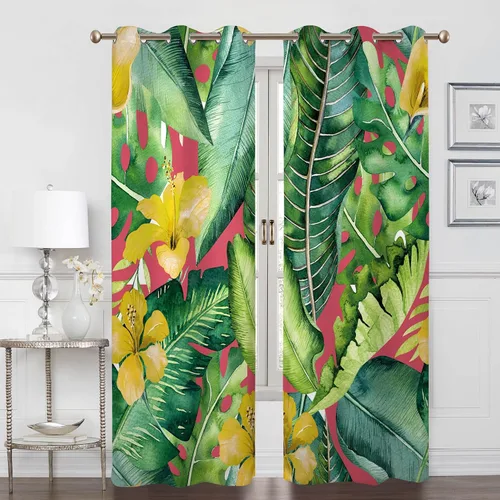 Renaiss Cortinas de plantas tropicales, hojas de palma verdes y flores amarillas, cortinas opacas con ojales en la parte superior, 45 pulgadas de