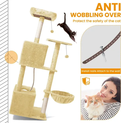 Miniatura 6 de Árbol para gatos, torre de gato de 54 pulgadas para gatos de interior, condominio de felpa de varios niveles para gatos con postes rascadores