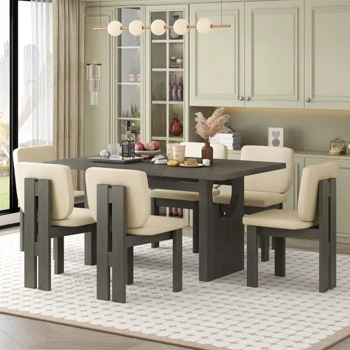 Miniatura 8 de Merax Juego de comedor retro de 7 piezas para 6, mesa rectangular de madera de goma con base de caballete diseñada y 6 sillas tapizadas para comedor
