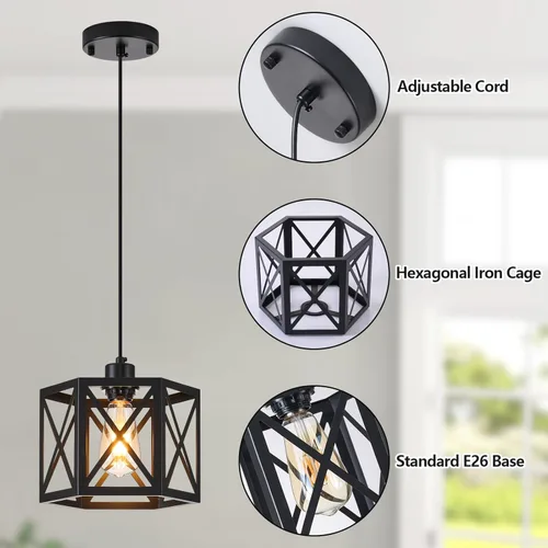Miniatura 5 de XSDeTu Paquete de 2 Luces Colgantes de Estilo Rústico, Lámpara Colgante Negra Moderna con Jaula Hexagonal, Luces de Techo de Metal Industrial, Negro