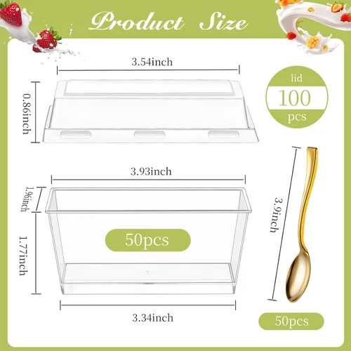 Miniatura 2 de DI QIU REN Paquete de 150 tazas de postre de plástico de 5 onzas con mini cucharas doradas y tapas, tazas de yogur transparente para parfait sirven