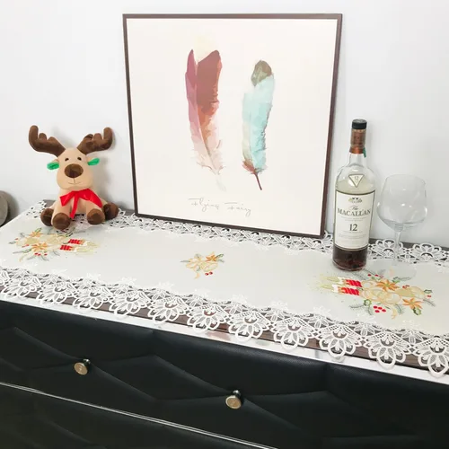 Miniatura 2 de Camino de mesa de Navidad 100% poliéster, bordado de encaje de Navidad, decoraciones de mesa de Navidad de 16 x 52 pulgadas, velas de pascua