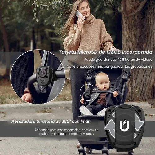 Miniatura 5 de Mini Cámara de Cuerpo Grabadora de Video con Tarjeta de Memoria Integrada de 128GB con Visión Nocturna IR y Grabación en Bucle HD 1080P, Vida