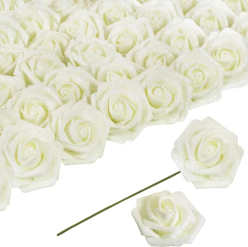 Miniatura 18 de Flores negras con purpurina, 30 unidades, flores artificiales con purpurina, rosas de espuma con tallo, flores sintéticas para bricolaje, ramo