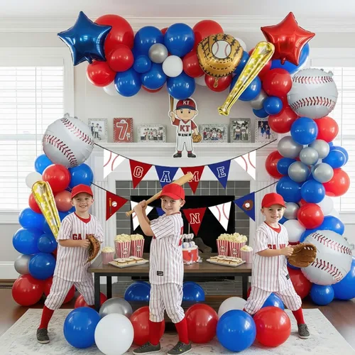 Miniatura 4 de Decoraciones de fiesta de cumpleaños de béisbol: con arco de globos rojo, blanco y azul y guantes de bate de béisbol, globos de papel de aluminio