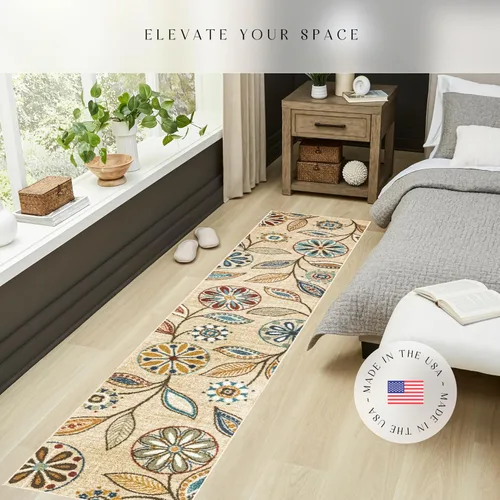 Miniatura 3 de Maples Rugs Reggie Floral Runner - Alfombra para pasillo, fabricada en Estados Unidos, lavable, antideslizante, alfombra interior para cocina, Beige