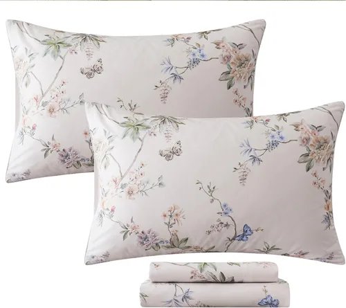 Miniatura 35 de FADFAY Juego de sábanas tamaño King, 100% algodón, elegante ropa de cama de granja con hojas verdes menta y flores blancas, sábana suave