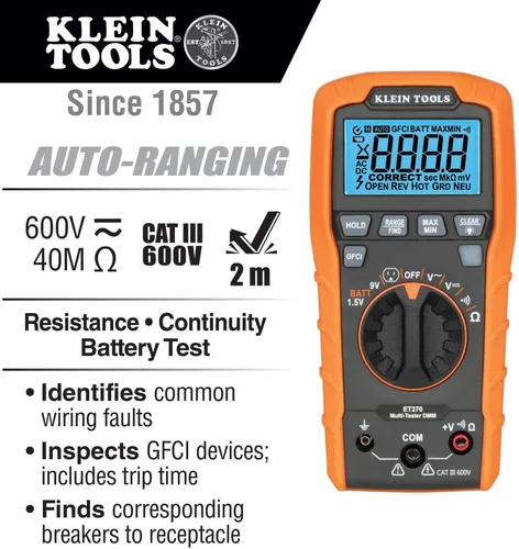 Miniatura 3 de Klein Tools ET270 Multiprobador digital de rango automático, AC/DC, resistencia y kit de herramientas de búsqueda de disyuntores 80016