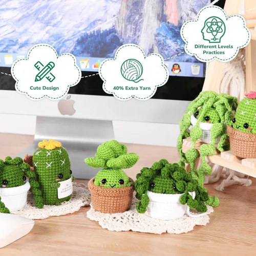 Miniatura 5 de Imcrasy - Kit de ganchillo para principiantes con lecciones de video paso a paso 6 plantas en macetas y kit de ganchillo de la familia de plantas