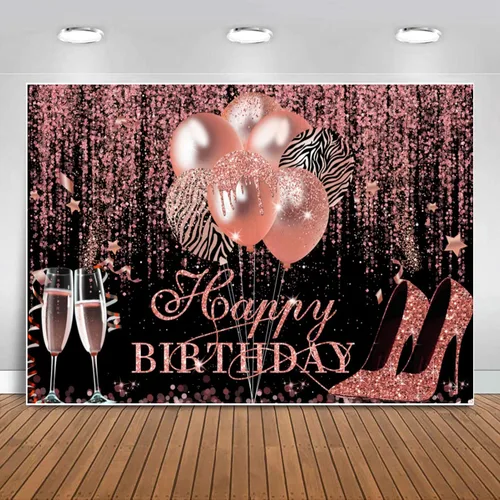Sensfun Telón de fondo de feliz cumpleaños con purpurina oro rosa y negro, decoración de cumpleaños, tacón champán, fondo de fotografía para mujeres