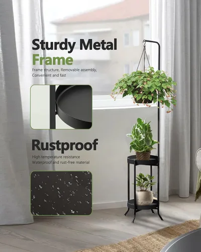 Miniatura 4 de RINBOU Soporte para plantas colgantes para interiores y exteriores, estante esquinero de metal para 3 macetas, 2 niveles de 61 pulgadas de alto