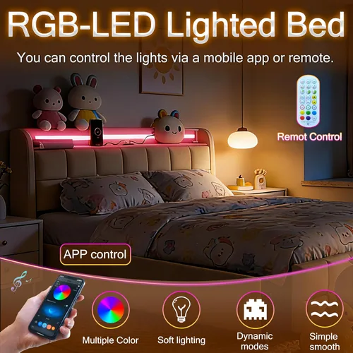 Miniatura 7 de Juego Base de cama Full 3 en 1 con luz LED RGB, enchufe y estación de carga USB y tipo C, 4 cajones, listones de madera, cama tapizada, sin ruido