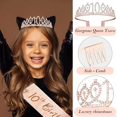 Miniatura 3 de Decoraciones de cumpleaños de 10 años para niña, banda y corona de cumpleaños de 10 años, adorno para pastel, velas numeradas y globos, regalos