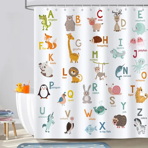 Miniatura 2 de Cortina de ducha Bonhause para niños ABC, linda decoración educativa del alfabeto animal para baño de niños pequeños, 72 x 72 pulgadas, tela
